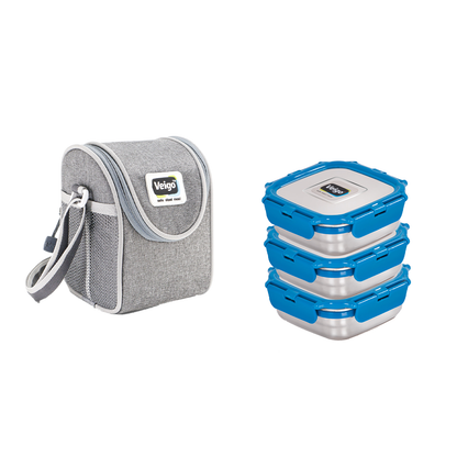 Veigo LunchBoss Combo- Tower of 3 Medium Stainless Steel Lunch Boxes in an Insulated Lunch Bag (All Ages)