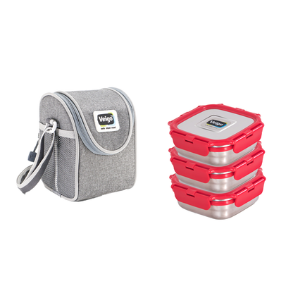 Veigo LunchBoss Combo- Tower of 3 Medium Stainless Steel Lunch Boxes in an Insulated Lunch Bag (All Ages)