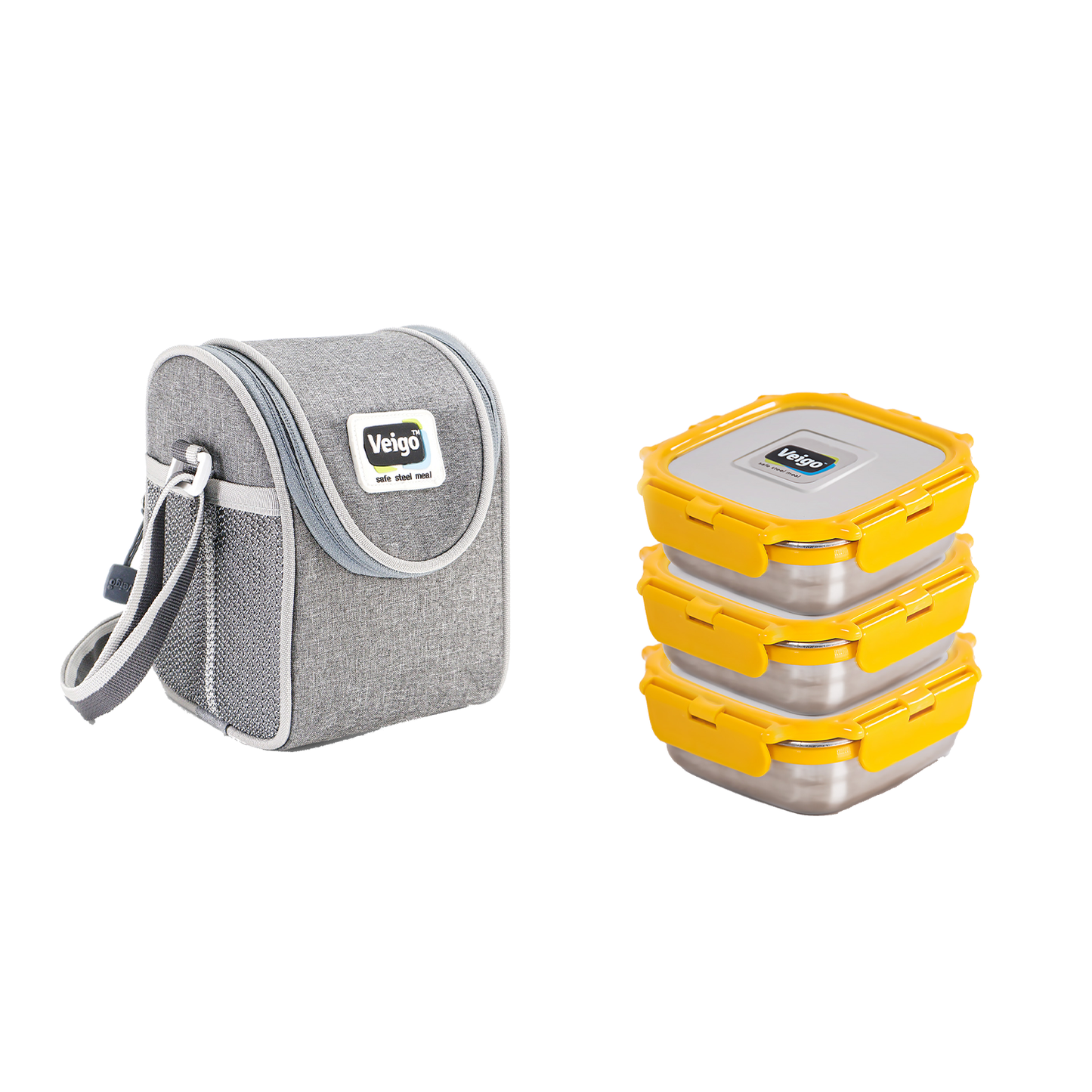 Veigo LunchBoss Combo- Tower of 3 Medium Stainless Steel Lunch Boxes in an Insulated Lunch Bag (All Ages)