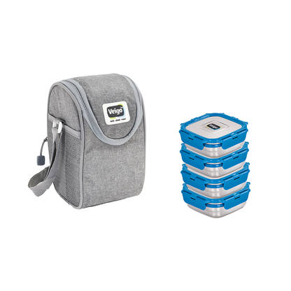 Veigo LunchBoss Combo- Tower of 4 Stainless Steel Medium Lunch Boxes in an Insulated Lunch Bag (All Ages)