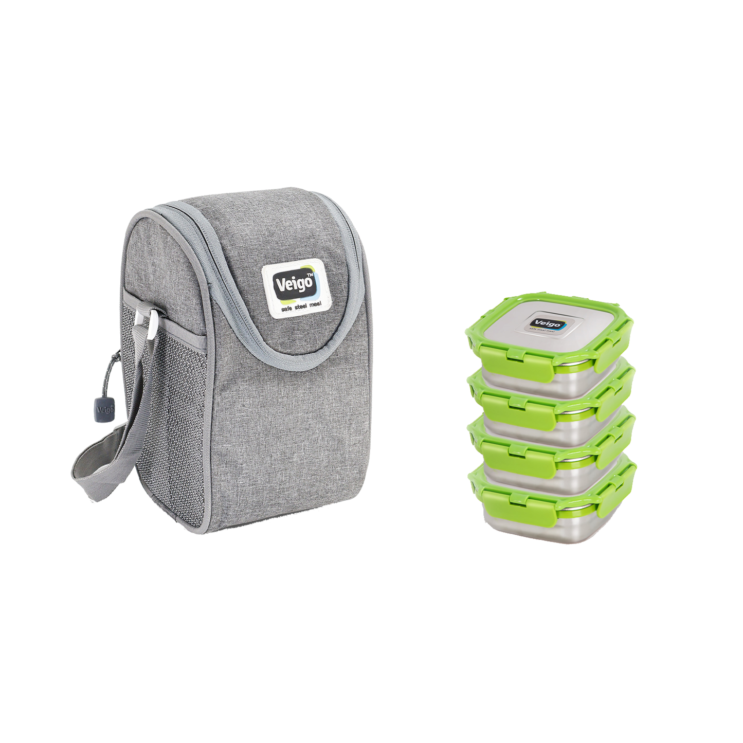 Veigo LunchBoss Combo- Tower of 4 Stainless Steel Medium Lunch Boxes in an Insulated Lunch Bag (All Ages)