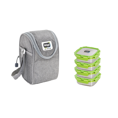 Veigo LunchBoss Combo- Tower of 4 Stainless Steel Medium Lunch Boxes in an Insulated Lunch Bag (All Ages)