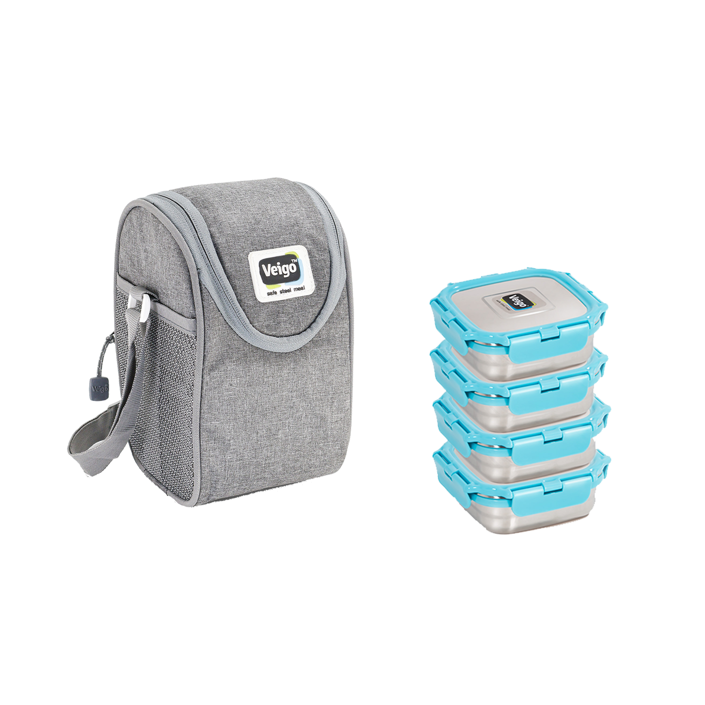 Veigo LunchBoss Combo- Tower of 4 Stainless Steel Medium Lunch Boxes in an Insulated Lunch Bag (All Ages)