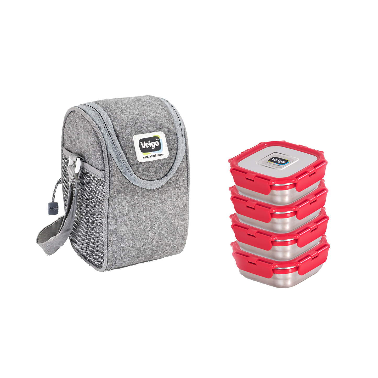 Veigo LunchBoss Combo- Tower of 4 Stainless Steel Medium Lunch Boxes in an Insulated Lunch Bag (All Ages)