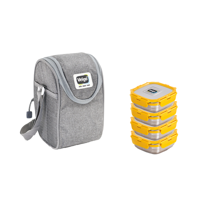 Veigo LunchBoss Combo- Tower of 4 Stainless Steel Medium Lunch Boxes in an Insulated Lunch Bag (All Ages)