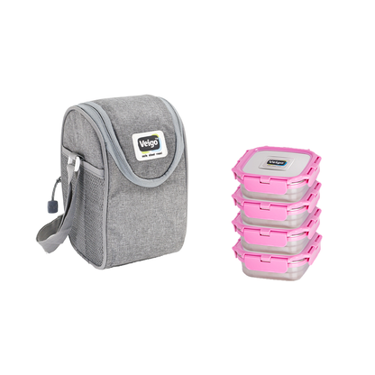 Veigo LunchBoss Combo- Tower of 4 Stainless Steel Medium Lunch Boxes in an Insulated Lunch Bag (All Ages)