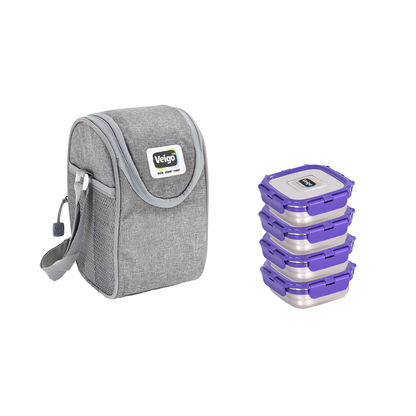Veigo LunchBoss Combo- Tower of 4 Stainless Steel Medium Lunch Boxes in an Insulated Lunch Bag (All Ages)