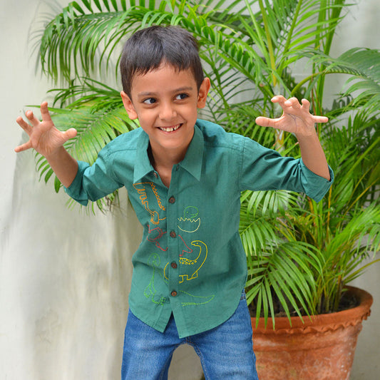 Dinosaurs Embroidered Shirt - Bottle Green (1-8 Years)