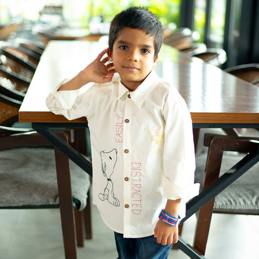 Easily Distracted Dog Embroidered Organic Cotton Shirt - White (1-14 Years)