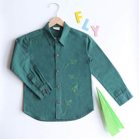 Fly High Embroidered Formal Shirt - Bottle Green (1-8 Years)