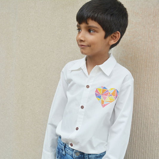 Geometric Heart Embroidered Shirt - White (1-14 Years)