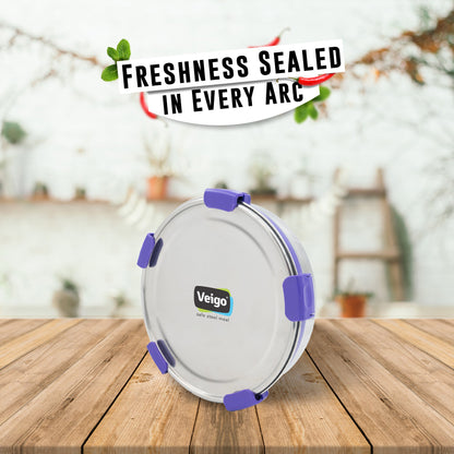 Veigo Maxosteel Stainless Steel Round Storage Box with Reversible Clip Mechanism (All Ages)