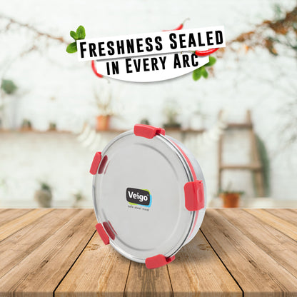 Veigo Maxosteel Stainless Steel Round Storage Box with Reversible Clip Mechanism (All Ages)