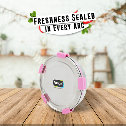 Veigo Maxosteel Stainless Steel Round Storage Box with Reversible Clip Mechanism (All Ages)