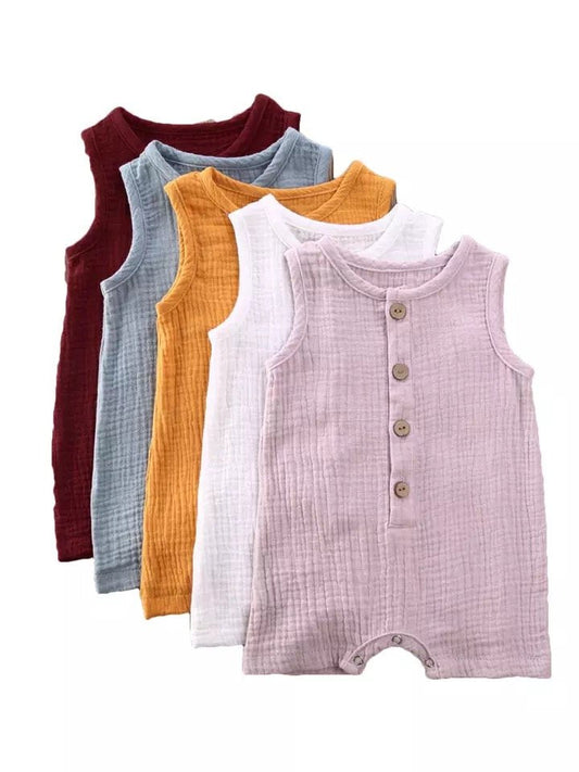 Organic Muslin Cotton Sleeveless Knee Length Baby Boy Rompers (0-2 Years)