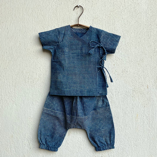 Organic Indigo Check Angarakha + Matching Pants (0-6 Months)