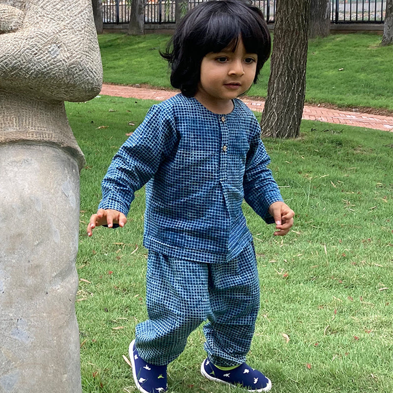Organic Indigo Check Kurta + Matching Pants (6 Months - 7 Years)