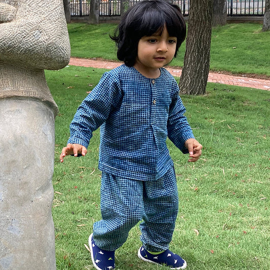 Organic Indigo Check Kurta + Matching Pants (6 Months - 7 Years)
