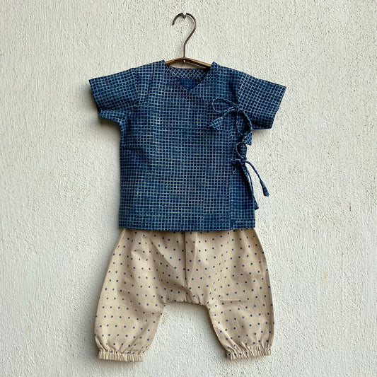 Organic Indigo Check Angarakha + Indigo Raidana Pants (0-6 Months)