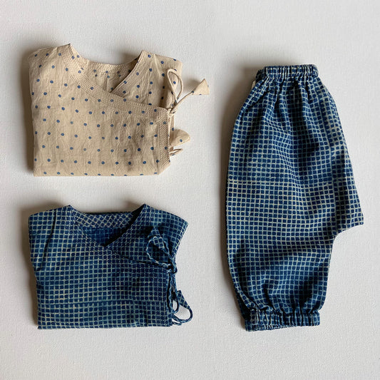Organic Indigo Zoo Bag - Raidana And Check Angarakha + Pants (0-6 Months)