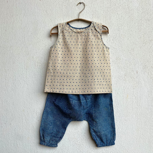 Organic Indigo Raidana Jhabla With Indigo Check Pants (0-7 Years)