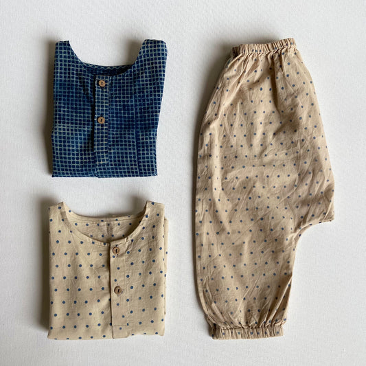 Organic Indigo Bag - Check Kurta + Raidana Kurta + Raidana Pants (6 Months - 7 Years)