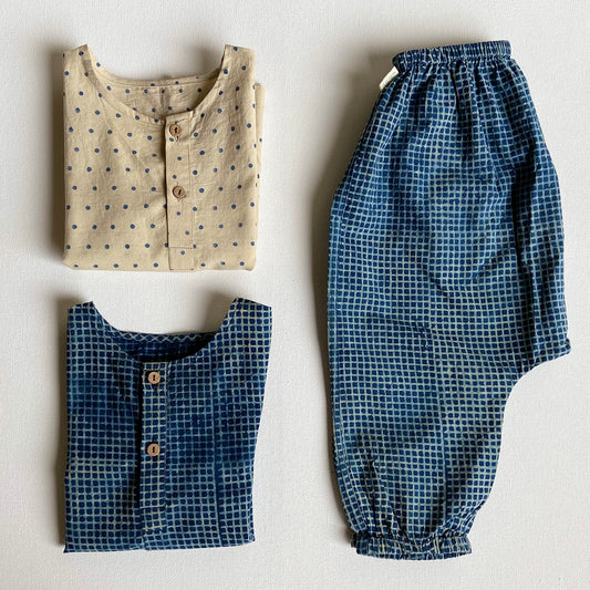 Organic Indigo Bag - Raidana + Check Kurta + Check Pants (6 Months - 7 Years)