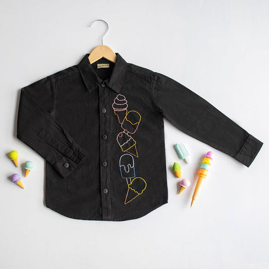 Ice Cream Embroidered Shirt - Black (1-14 Years)
