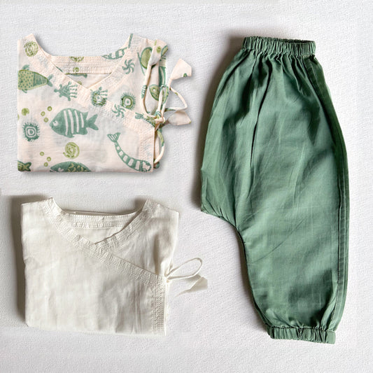 Organic Koi Bag - Koi Mint And White Angrakha + Mint Pants (0-6 Months)