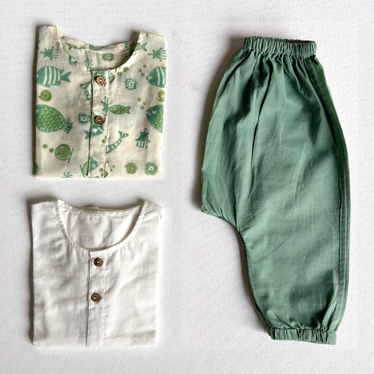 Organic Koi Bag - Koi Mint And White Kurta + Mint Pants (6 Months - 7 Years)