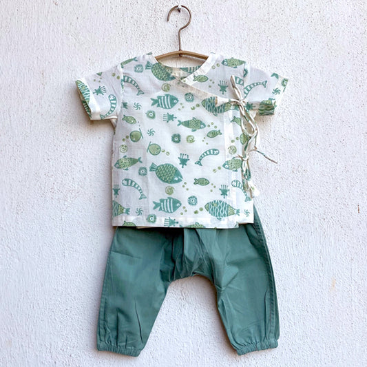 Organic Fish Print Angarakha Top + Mint Pants (0-6 Months)