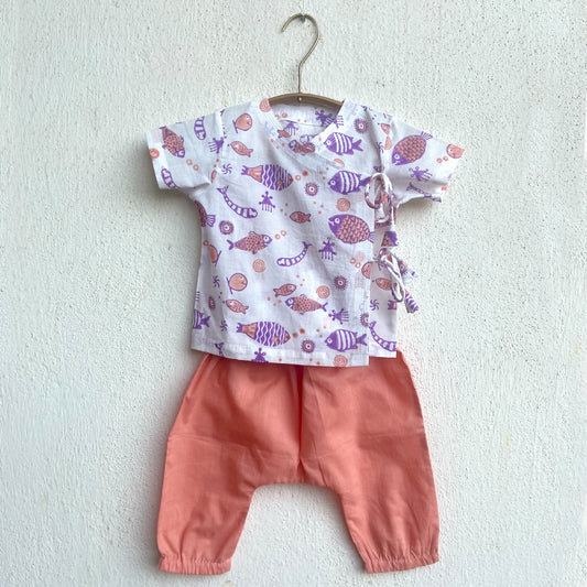 Organic Koi Peach Print Angrakha Top With Peach Pants (0-6 Months)
