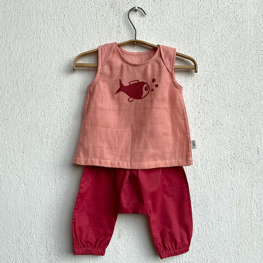 Organic Koi Peach Jhabla With Red Pants (0-2 Years)