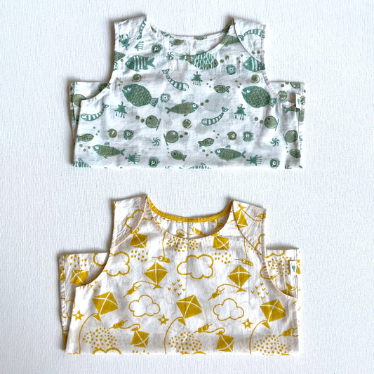 Organic Koi Jhabla Bag - Yellow Patang And Koi Mint (0-7 Years)