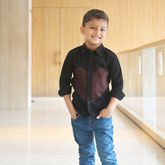 Lined Heart Embroidered Shirt - Black (1-14 Years)