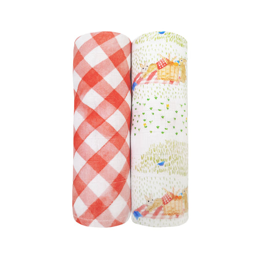 Bamboo Muslin Swaddles (Set of 2) – Picnic Party & Gingham Checks (0-6 Months)