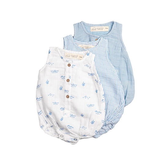 Organic Muslin Baby Romper (Pack of 3) – Boat (0-6 Months)