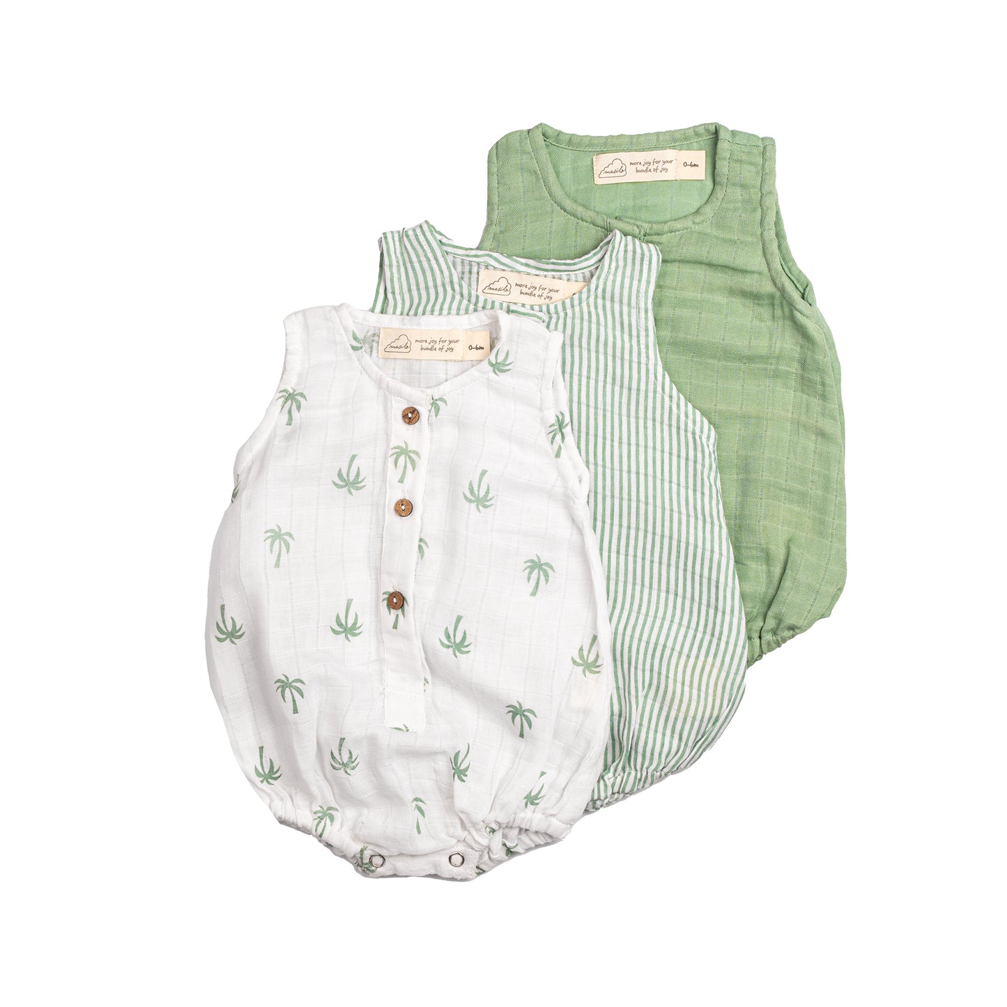 Organic Muslin Baby Romper (Pack of 3) – Palm (0-6 Months)
