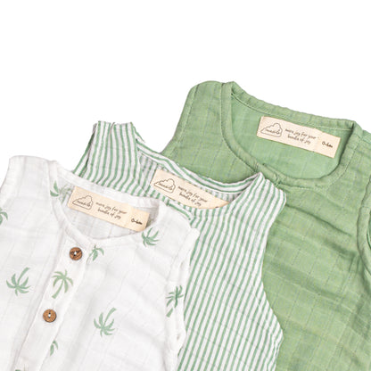 Organic Muslin Baby Romper (Pack of 3) – Palm (0-6 Months)