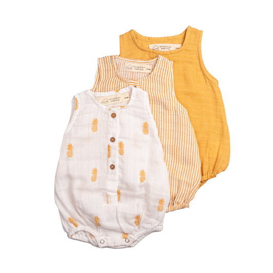 Organic Muslin Baby Romper (Pack of 3) – Pineapple (0-6 Months)