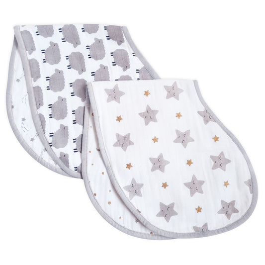Organic Muslin Burp Cloth & Bib (Pack of 2) – Sheep & Stars (All Ages)