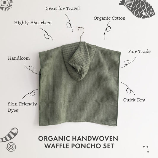 ORGANIC WAFFLE HOODED PONCHO TOWEL SET - MINT (All Ages)