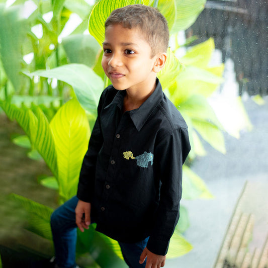 Mini Elephants Embroidered Organic Cotton Shirt - Black (1-14 Years)