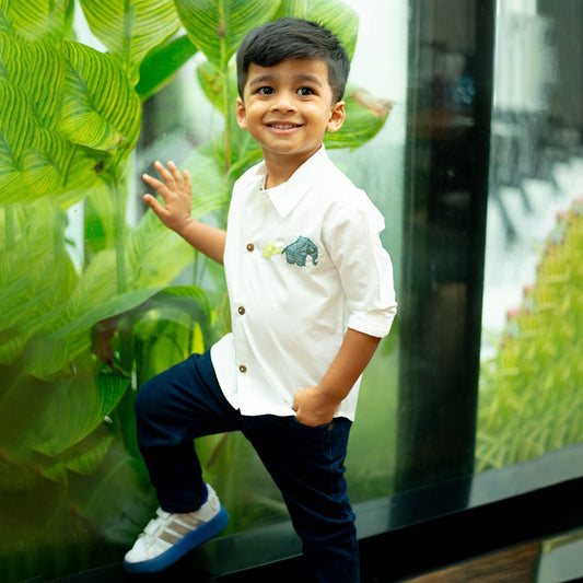Mini Elephants Embroidered Organic Cotton Shirt - White (1-14 Years)