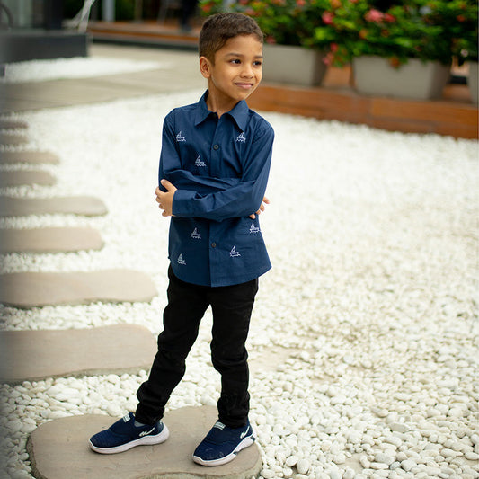 Mini Sail Boats Embroidered Organic Cotton Shirt - Navy (1-14 Years)