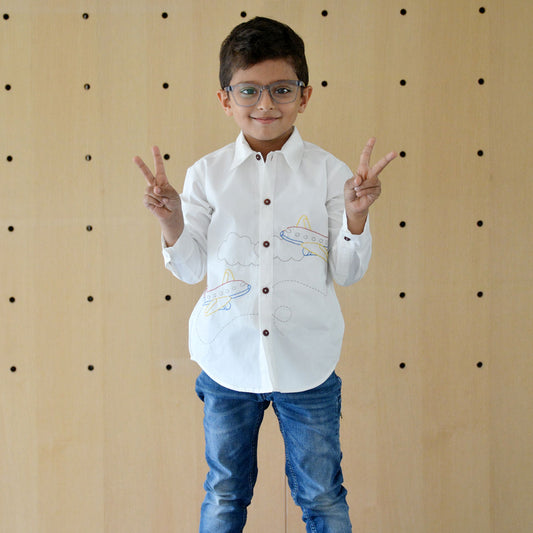 Aeroplane Embroidered Shirt - White (1-10 Years)