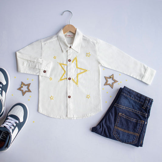 Stars Party Embroidered Shirt - White (1-14 Years)