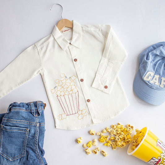 Popcorn Embroidered Unisex Shirt - White (1-14 Years)