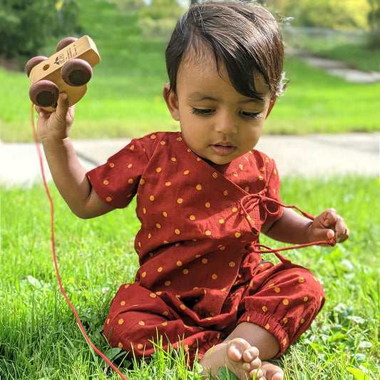 Organic Madder Raidana Angrakha Top + Matching Pants (0-6 Months)
