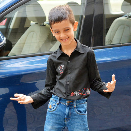 Race Car Embroidered Shirt - Black (1-14 Years)